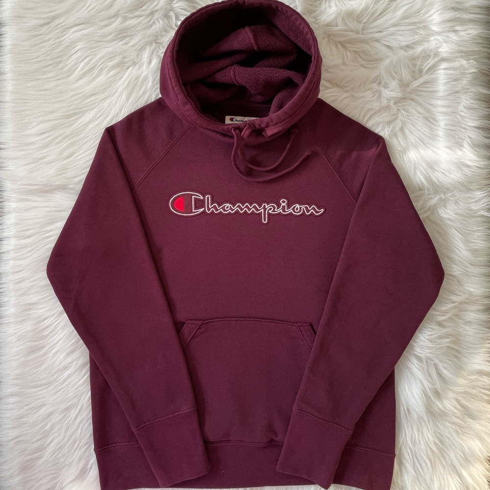 Champion Embroidered Zigzag Script Logo Hoodie (Burgundy-Size M) Pre-owned